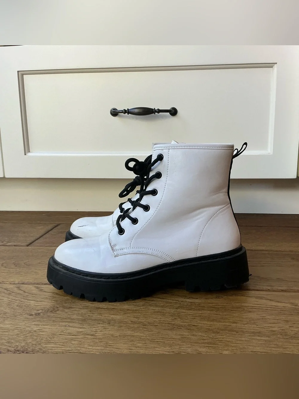 Steve Madden White Lace-Up Combat Boots with Black Lug Sole